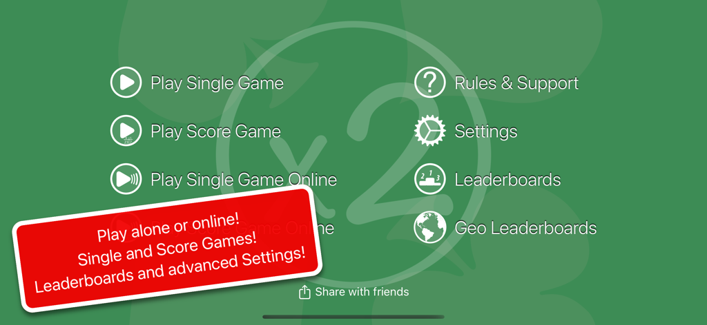 Scala 40 Online or Alone - Menu principale del gioco di carte Scala 40 che mostra le opzioni di gioco online e offline