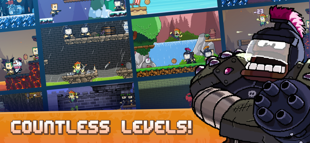 Dan The Man Platformer - A montage of various retro pixel art gameplay levels and a large robot boss from Dan The Man