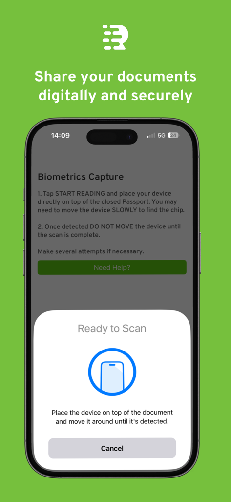 Écran de capture biométrique de l'application My Rightcheck montrant des instructions pour scanner un passeport pour un partage sécurisé de documents