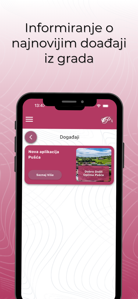 Moja Pušća - Pantalla de smartphone que muestra la sección de noticias y eventos de la aplicación móvil del gobierno local Moja Pusca.