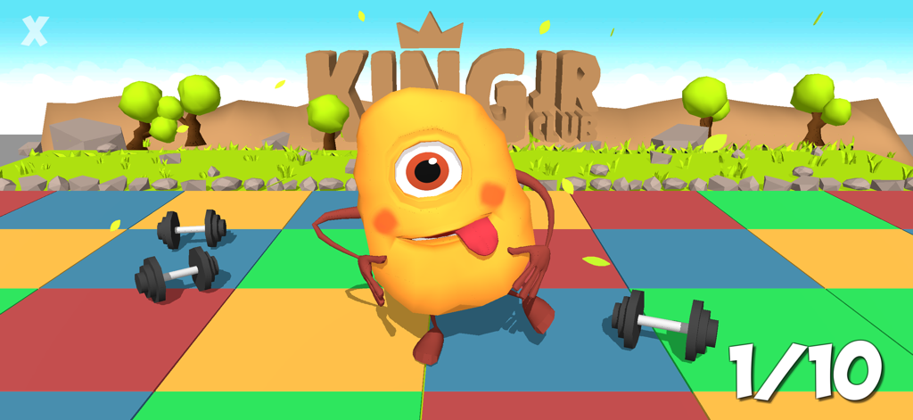 Un personaje nugget amarillo de un ojo del club King Jr haciendo ejercicio con pesas en un suelo de colores.