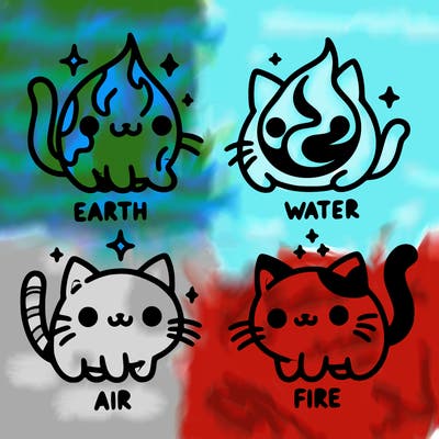 4 cats that represent the different elements, earth, water, air, and fire