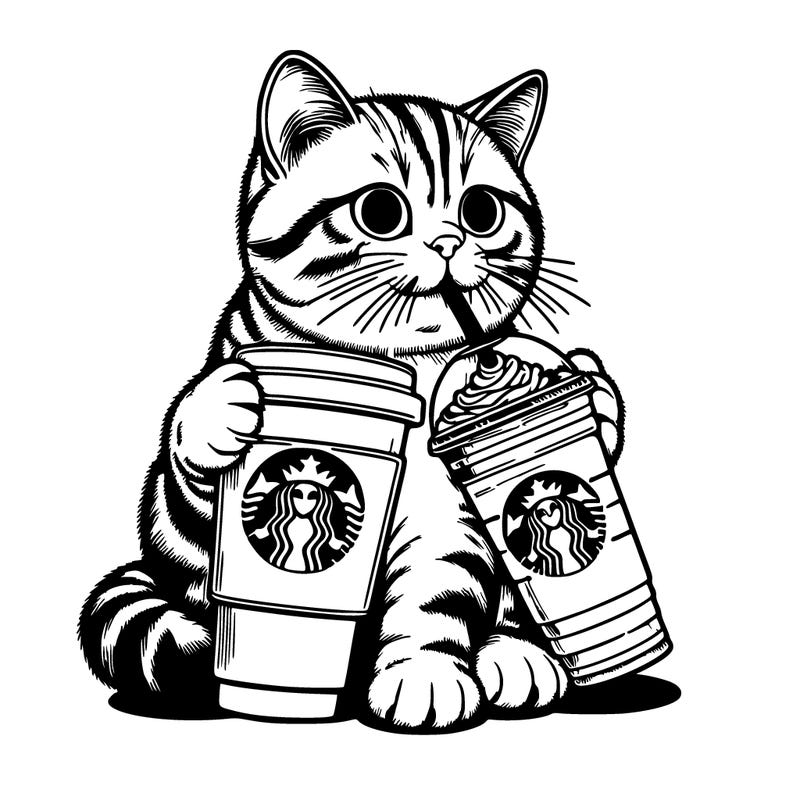realistic cat drinking realistic starbucks coffee