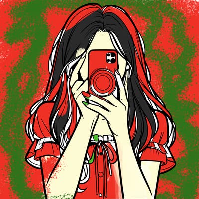 a realistic girl holding her phone taking pictures