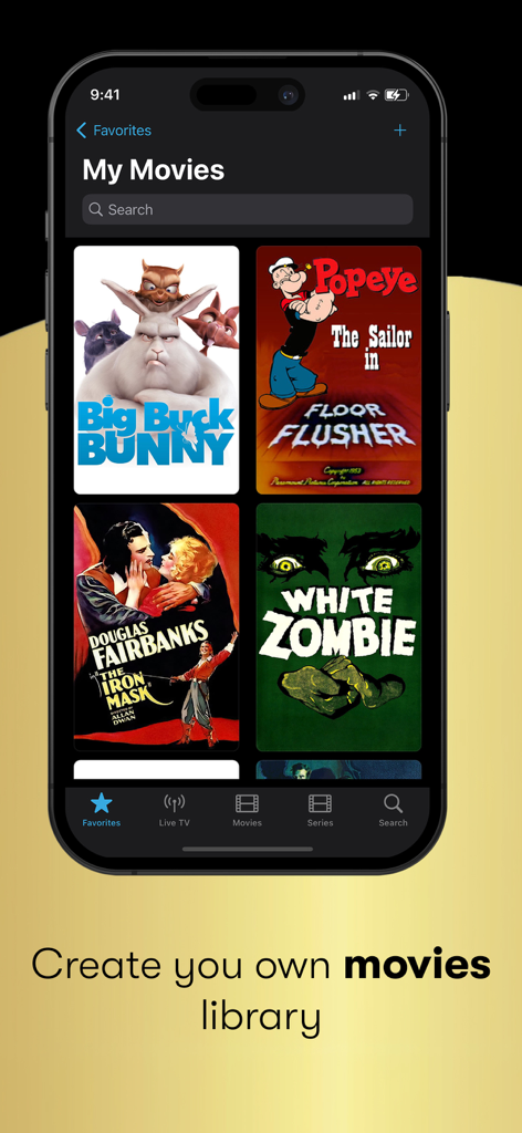 IPTV Streamer Max - iPhone screen displaying a custom movie library in the IPTV Streamer Max app