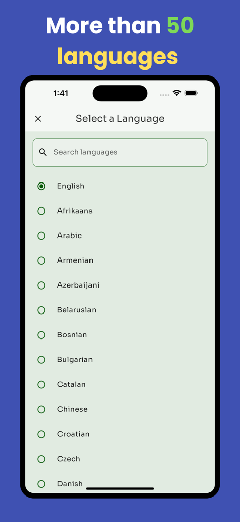 Interface of the Transcribe 2026 app showing a list of over 50 supported languages for voice to text transcription.
