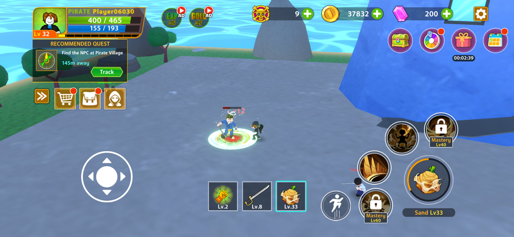 Pirate Devil - Gameplay screenshot of Pirate Devil showing a character in battle on a 3D island with mobile game interface