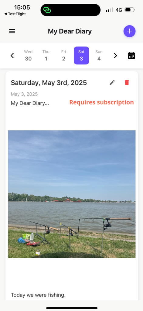 My Dear Diary Journal - A journal entry in the My Dear Diary app featuring a photo of fishing rods by a lake.