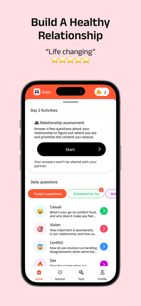 Kuizu: Couples Relationship AI - Kuizu app dashboard showing a relationship assessment tool and daily themed questions for couples.
