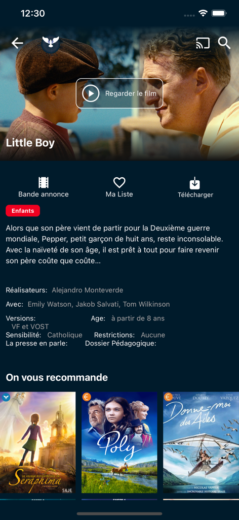 SAJE + - Page de détail du film Little Boy sur l'application SAJE plus avec synopsis et recommandations de films