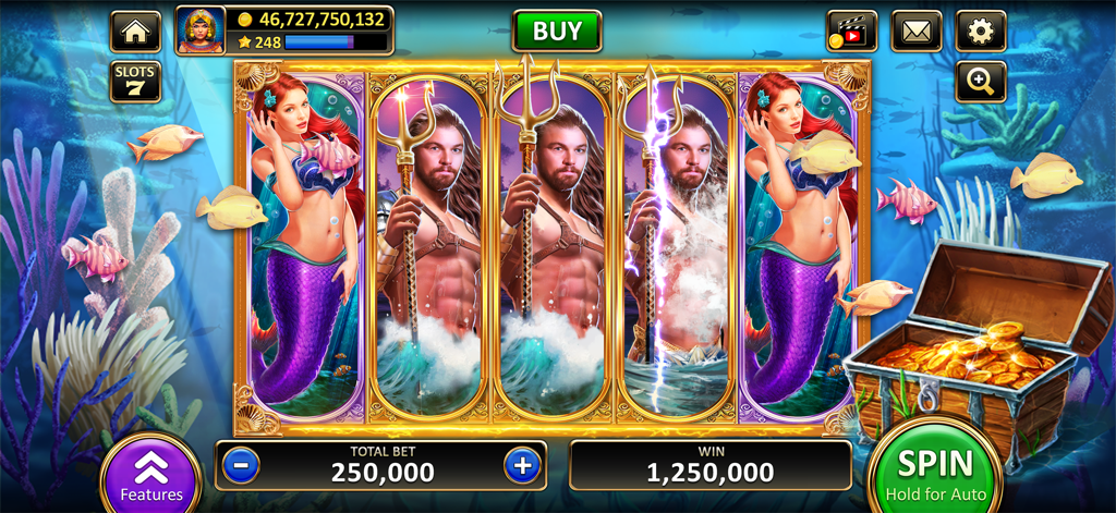 Vegas Slots Cherry Masterの人魚をテーマにしたスロットマシンのスクリーンショット。水中シーンと金貨でいっぱいの宝箱が映し出されています