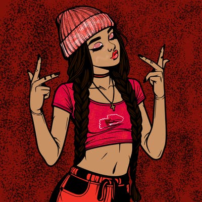 realistic teenage girl with braids and a beanie and crop top doing 🫶🏼