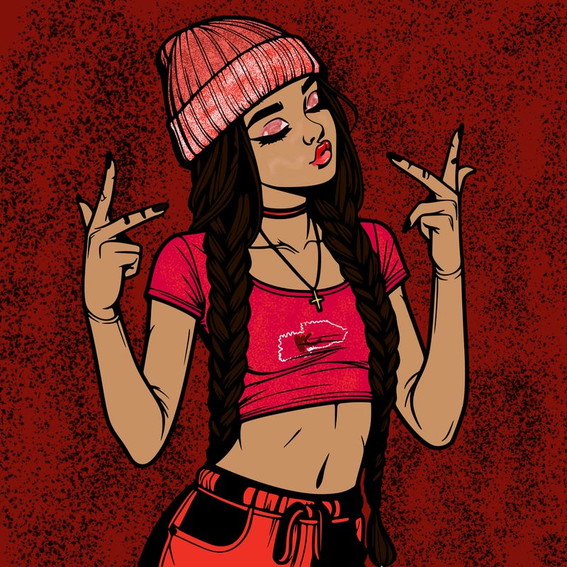 realistic teenage girl with braids and a beanie and crop top doing 🫶🏼