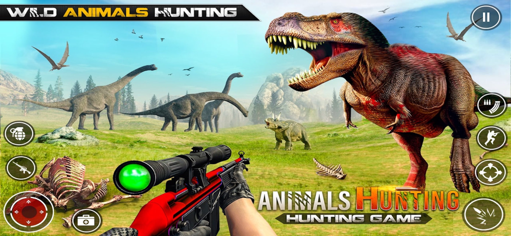 Wild Assassin Animal Hunter - Vista en primera persona de un rifle de francotirador apuntando a un T-Rex en un entorno de caza prehistórico.