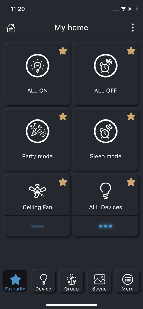 PIXIE PLUS - PIXIE PLUS smart home app dashboard showing favorite control tiles for lighting scenes and devices.