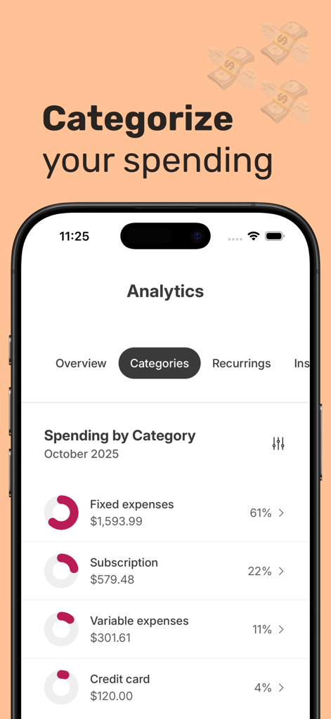 Spending Tracker – Bux - Analytics screen of the Bux app showing spending categorized by fixed expenses and subscriptions.