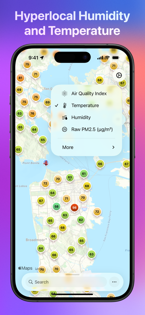 Paku for PurpleAir - Pantalla del iPhone que muestra la aplicación Paku con un mapa hiperlocal de sensores de temperatura y calidad del aire en San Francisco
