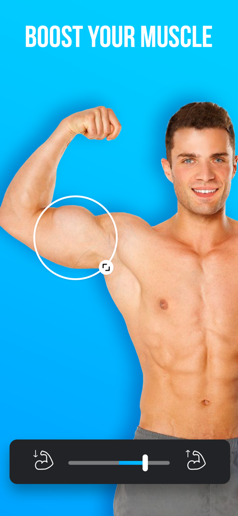 Man Editor: Slim & Skinny Body - Interfaz de la aplicación Man Editor mostrando la herramienta de agrandamiento muscular en un bíceps