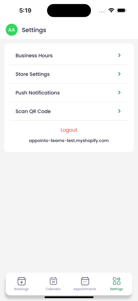 Appointment Booking - Appointo - Appointo app settings screen showing business hours store settings and notification options