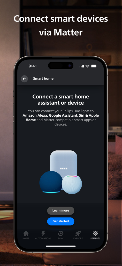 Philips Hue - 스마트 홈 어시스턴트 및 Matter 호환 기기 연결을 위한 Philips Hue 앱 인터페이스를 보여주는 스마트폰 화면