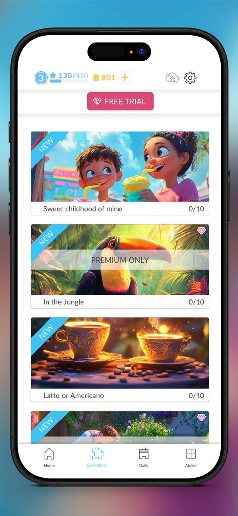 Antistress Block Jigsaw Puzzle - Interface do Quebra-cabeça Antiestresse de Blocos mostrando várias coleções de arte