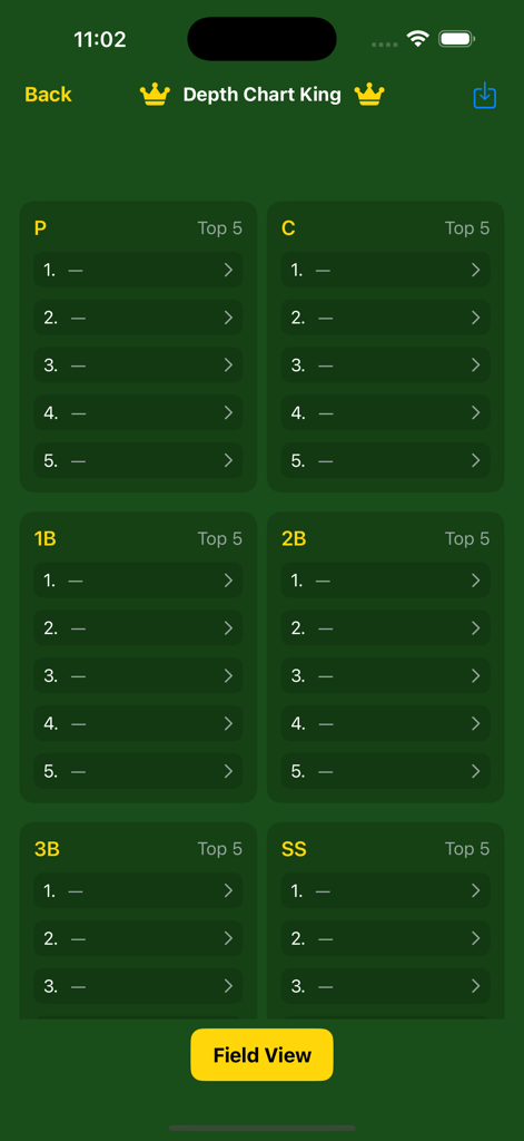 The Depth Chart King - App interface for managing baseball player depth charts across multiple defensive positions