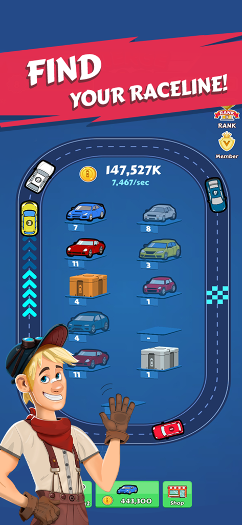 Merge Car - Idle Car Tycoon - Gameplay screen of Merge Car showing a racetrack and car merging grid