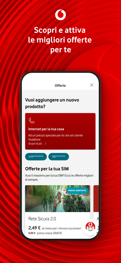 Interface do aplicativo Minha Vodafone Itália mostrando ofertas personalizadas para serviços de internet residencial e SIM móvel