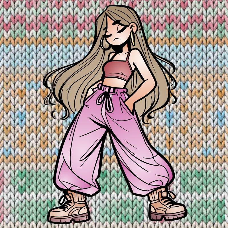 girl in baggy pants crop top and long hair