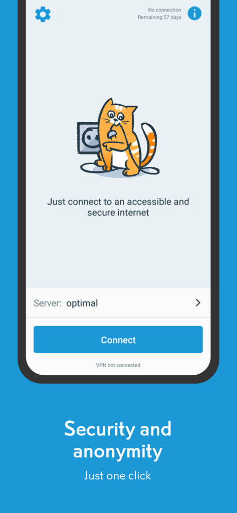 hidemy name VPN mobile app interface showing the connection screen with a one click connect button