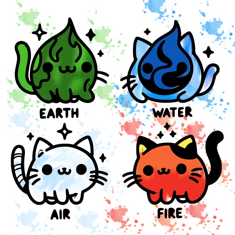 4 cats that represent the different elements, earth, water, air, and fire