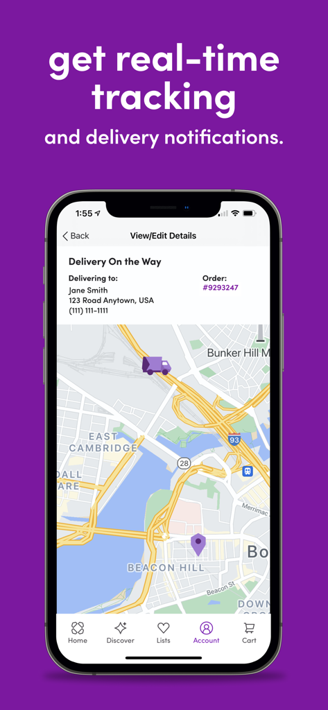 Capture d'écran de l'application Wayfair affichant le suivi de livraison en temps réel avec une carte et une icône de camion.
