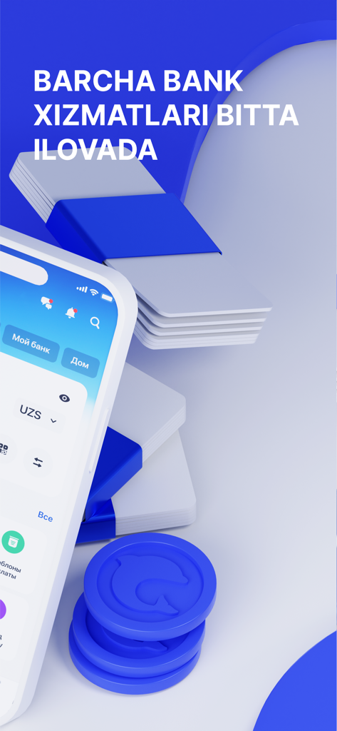 Trastpay - Smartphone showing Trastpay app interface with banking cards and coins on a blue background