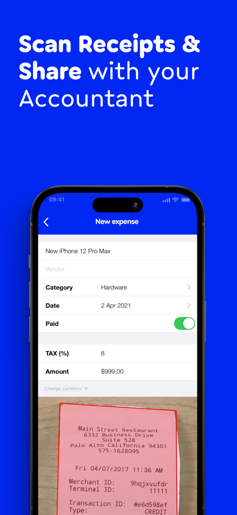 Invoice Maker Estimate Billdu - Billdu app interface showing the receipt scanning and expense tracking feature for small businesses.