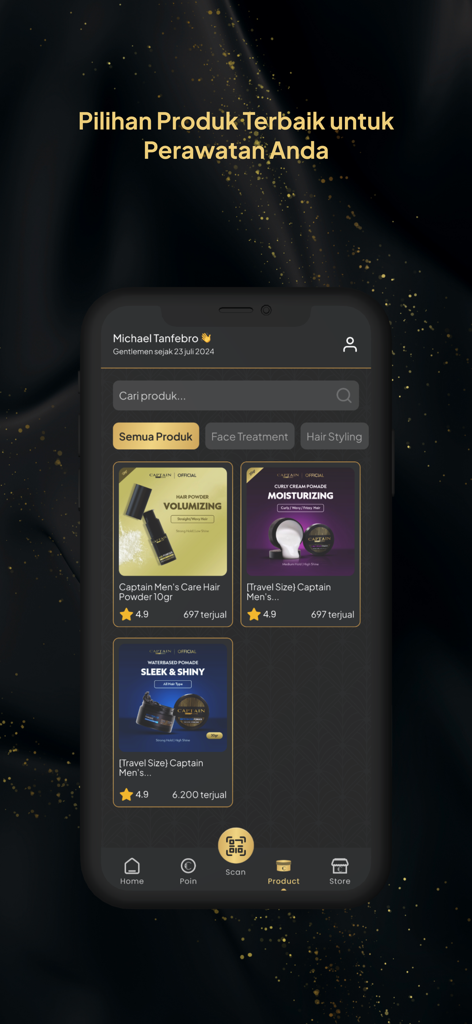 Captain Membership - Captain Membership mobile app interface displaying a catalog of men's grooming products including hair powder and pomades with customer ratings