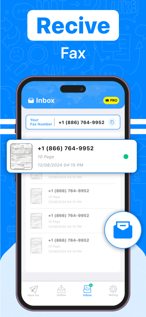 Fax From iPhone :Send iFax App - デジタル受信トレイで受信したFAXのリストを表示するiPhoneアプリ画面
