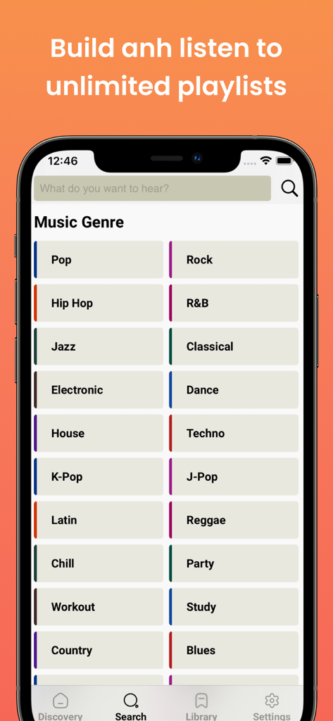 Musi Player app search screen displaying various music genres including Pop Rock and Hip Hop.