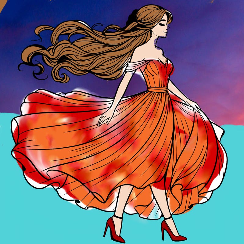 realistic woman in a dress flowing in the wind