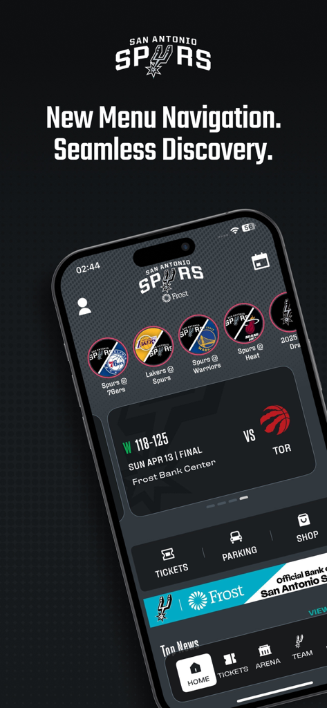 San Antonio Spurs - San Antonio Spurs official mobile app home screen showing game schedules and final scores with a new menu navigation layout