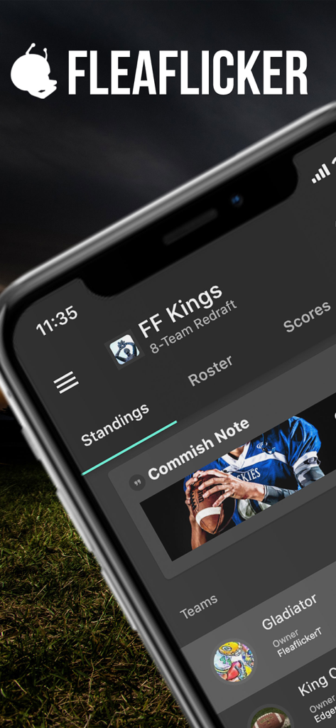 Fleaflicker fantasy sports app interface displaying a football league dashboard in dark mode