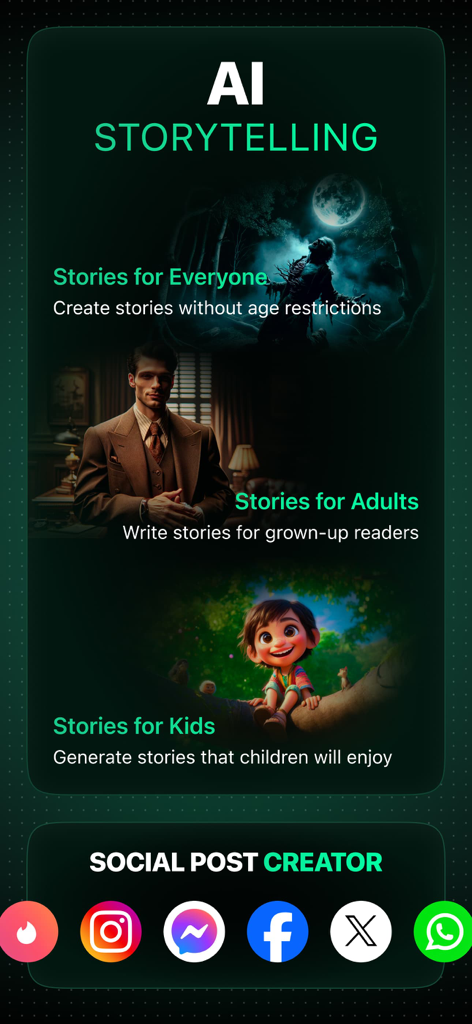 Interface mostrando opções de narração de IA para crianças e adultos e um criador de posts sociais para plataformas populares.