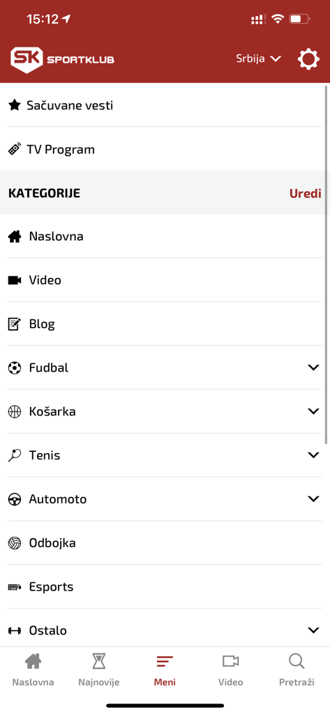 Sportklub - スポーツカテゴリーのリストとナビゲーションバーが表示されたSportklubアプリのメニュー画面