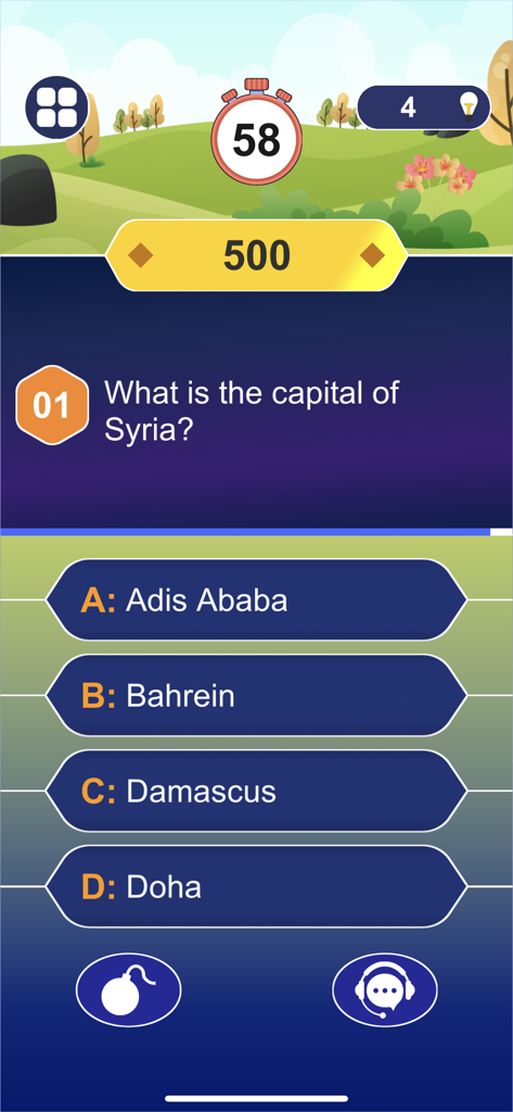 Millionaire: Fun Trivia Games - Millionaire trivia game interface showing a question about the capital of Syria with four multiple choice answers