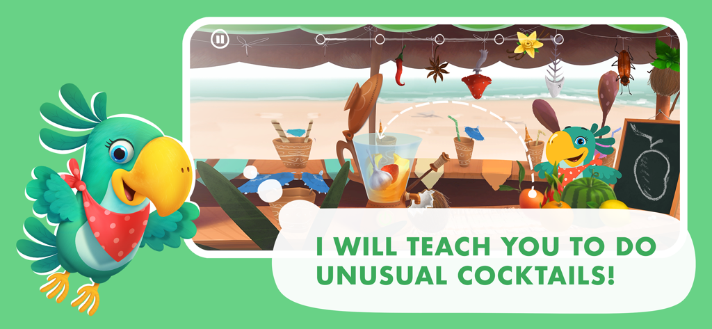 A colorful parrot preparing unusual fruit cocktails in a tropical beach kitchen mini game.