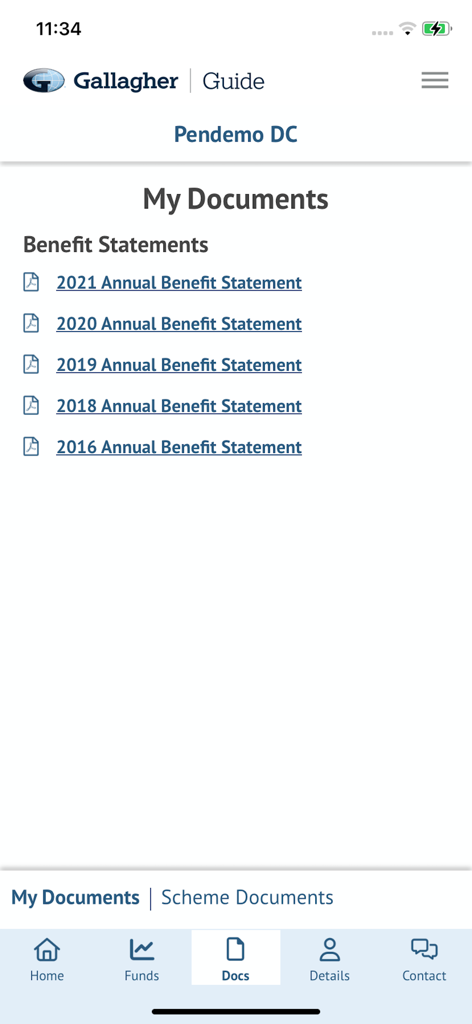 Gallagher Guide - Pensions - The My Documents screen of the Gallagher Guide Pensions app displaying a list of downloadable annual benefit statements