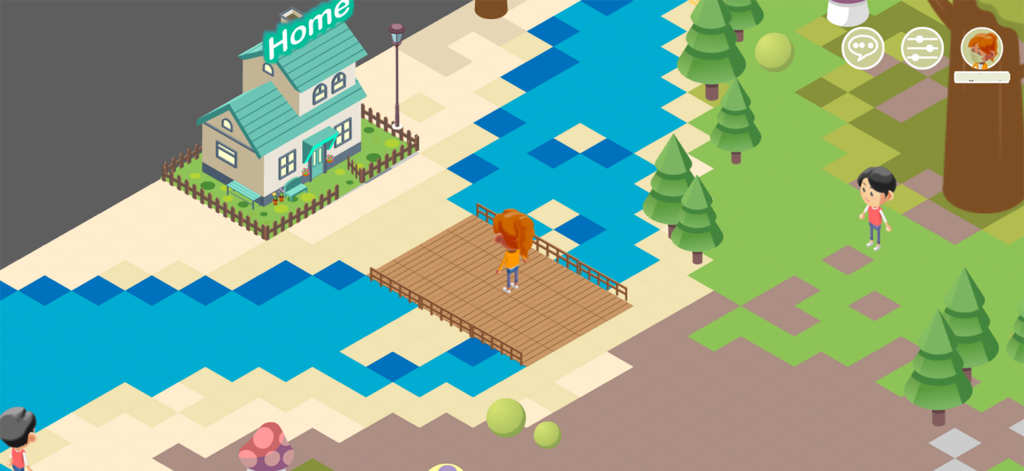 小校園 - An isometric view of the Small Campus virtual world featuring a house, a river with a wooden bridge, and child avatars exploring the landscape.