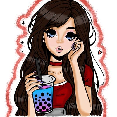 realistic girl with long hair drinking boba tea