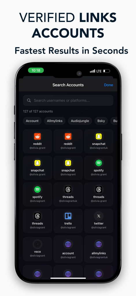 Deep Truth AI Search app interface displaying verified social media account links across multiple platforms