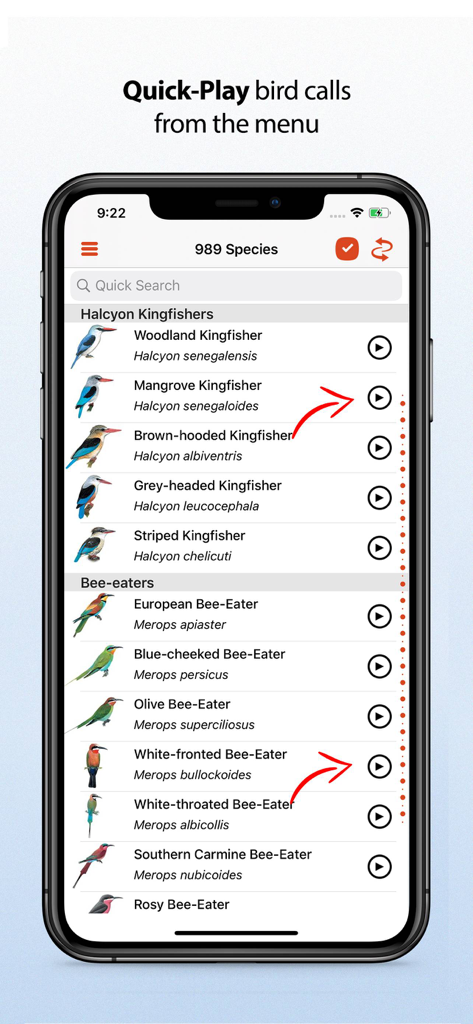 Sasol eBirds Southern Africa - 사솔 이버즈 앱에서 오디오 호출 재생 버튼이 있는 조류 종 목록을 보여주는 스마트폰