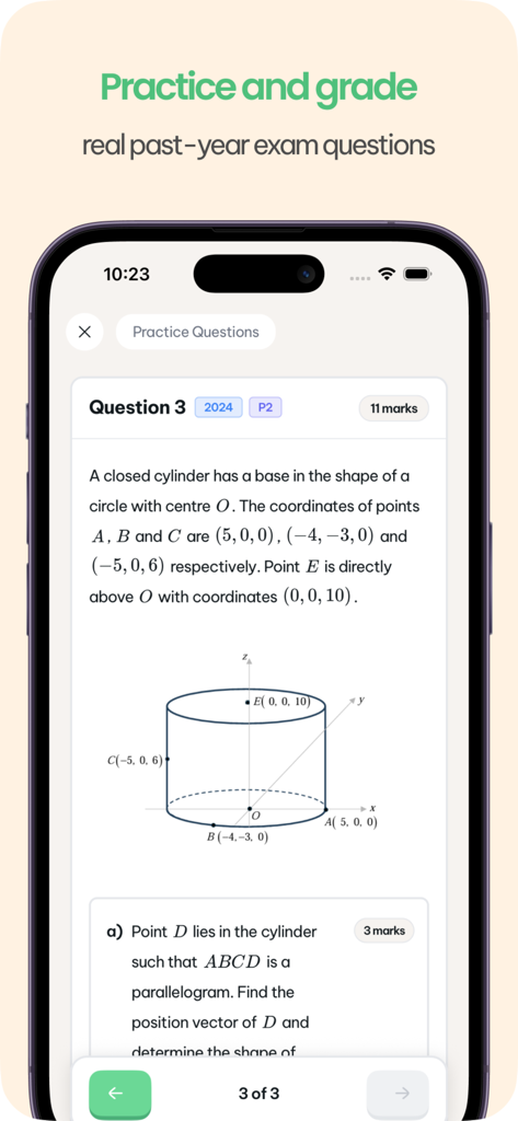 Pallo - Pallo app screen displaying a geometry exam practice question with a cylinder diagram and coordinates.